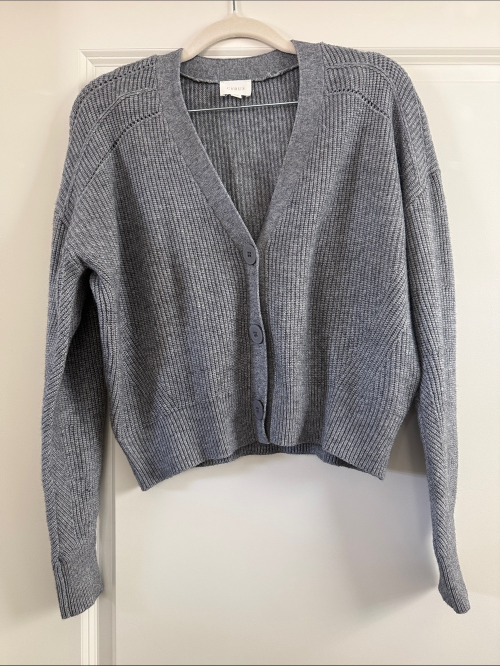 Cyrus Gray Ribbed V-Neck Button Cardigan